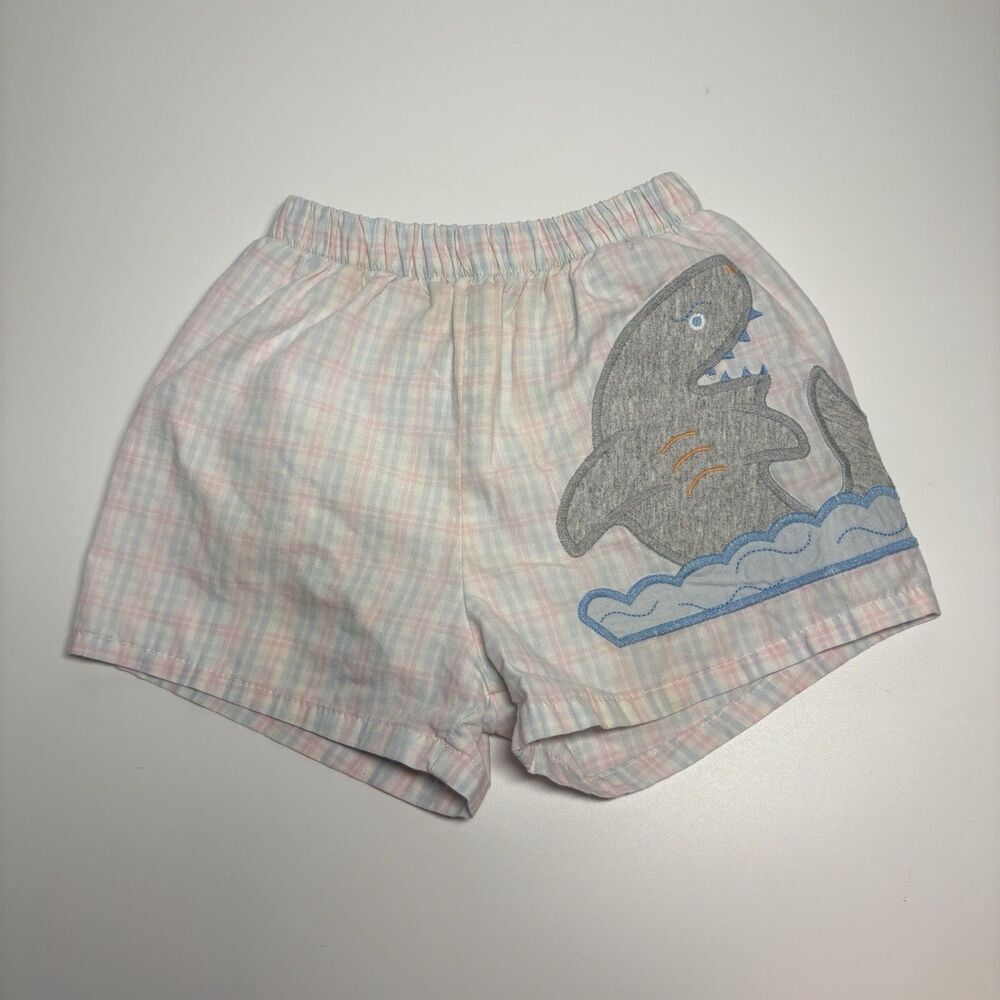 Vintage Toddler Swim Trunks Shorts 3T Plaid Blue Pink Shark Mesh-Lined
